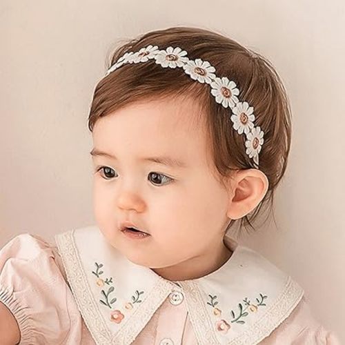 Baby Girls Flower Crown Headband Lace Handmade Floral Headbands Soft Elastic Band Daisy Hairband Newborn Infant Toddler Kids for Christening Baptism Birthday Party (White, Daisy)