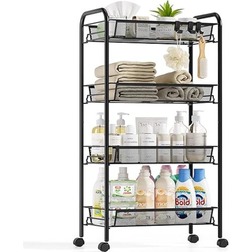 4-Tier Metal Utility Cart, Mesh Wire Rolling Cart on Wheels, Storage Trolley with Easy Assembly, Organizer Craft Cart 3 Hooks, Mobile Shelving Unit for Bathroom, Laundry Room, Home