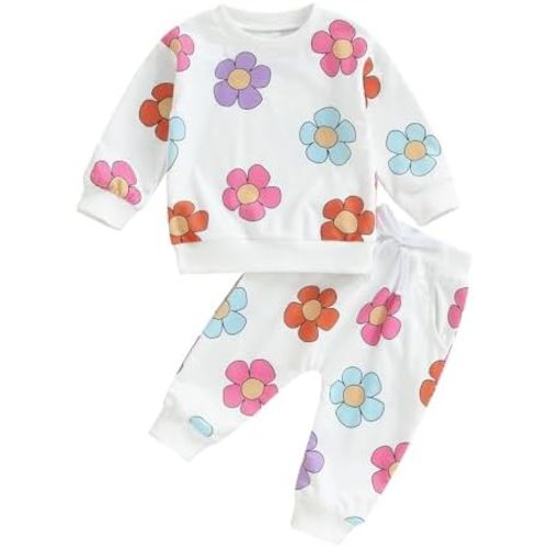 Baby Girl Fall Winter Outfits Toddler Clothes Long Sleeve Floral Graphic Crewneck Sweatshirt + Joggers Pants Set