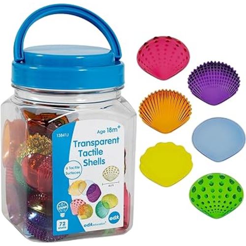 edxeducation-13841 Tactile Shells - Set of 72 - Translucent - 6 Textures and Colors - Ages 18m+ - Explore STEM concepts via Light Panels and Sensory Bins