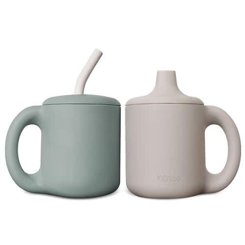 KIDSco. Silicone Sippy Cups with Easy Grip Transition Handle, a Soft Spout and Straw. A Non Toxic No Spill Unbreakable Training Cup. 150ml/5oz |2-PACK Green and Sandy Shore|