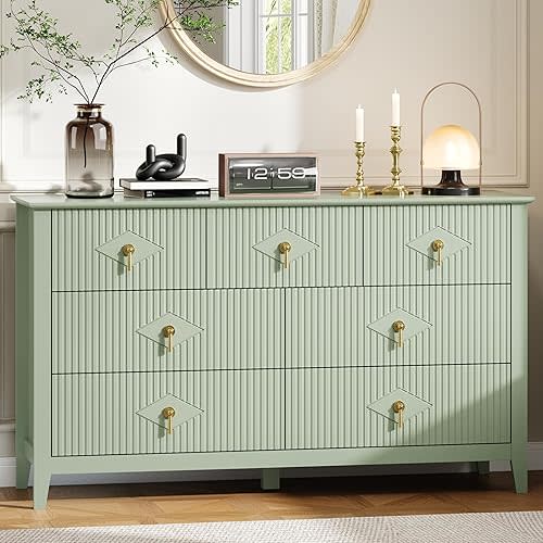 GarveeHome Fluted Dresser for Bedroom, 54 in Wide 7-Drawer Wood Dresser, Modern Chest of Drawers, Storage Organizer Cabinet for Living Room, Hallway, Entryway, Green