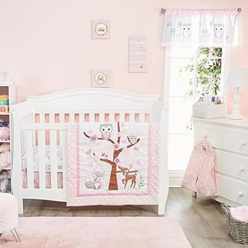 EVERYDAY KIDS 4 Piece Girls Crib Bedding Set - Owls - Soft 100% Cotton Percale - Includes Quilt, Fitted Sheet, Dust Ruffle and Diaper Stacker - Nursery Bedding Set - Baby Crib Bedding Set