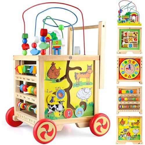 Wooden Activity Cube 6 in 1 Montessori Toys Educational Learning Sensory Toys for 1 Year Old 12-18 Months Boys Girls First Birthday Gifts for Baby Toddler Toys Age 1-2 Bead Maze Shape Sorter Abacus