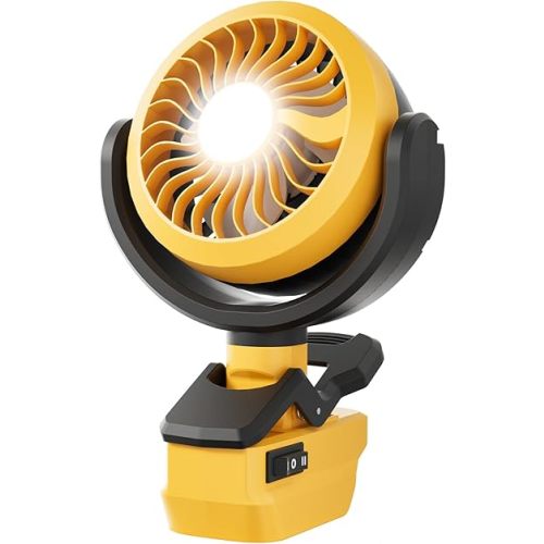 Battery Powered Fan for Dewalt 20V Max Battery, Cordless Portable Camping Fan, Clip Fans with LED Light, 210° Adjustable, for Jobsite Tent Travel Fishing Outdoor (Battery Not Included)
