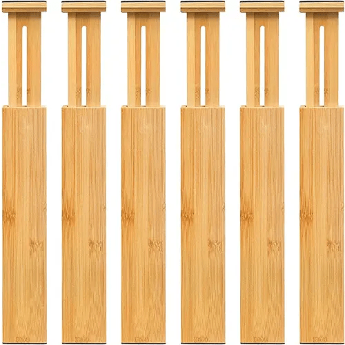 VaeFae 6 Pack Bamboo Drawer Dividers, Adjustable Drawer Organizer, Expandable Organization for Kitchen, Office, Bedroom, Dressers and Bathroom