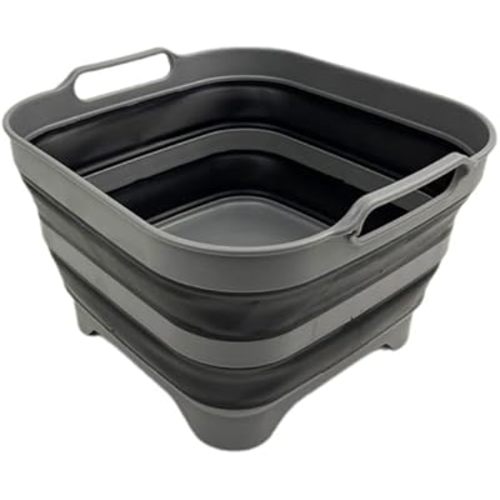 SAMMART 10L (2.64 Gallon) Collapsible Dishpan with Draining Plug-Foldable Washing Basin-Portable Dish Washing Tub-Space Saving Kitchen Storage Tray for Camping & RV (1, Grey/Black)