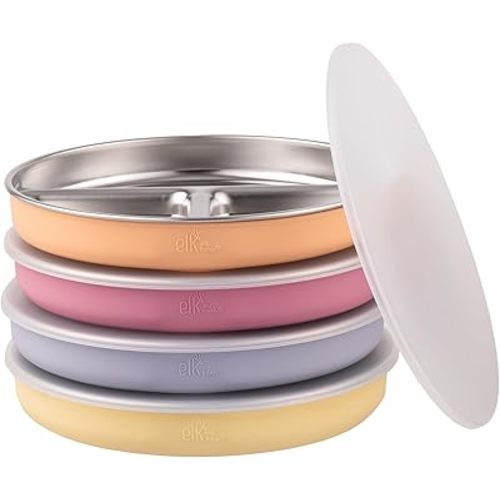 Elk and Friends Stainless Steel Divided Plates with Silicone Sleeve for Babies & Toddlers | Lids Included | Stay Put Suction | Dinner & Snack Plates | 4 Pack