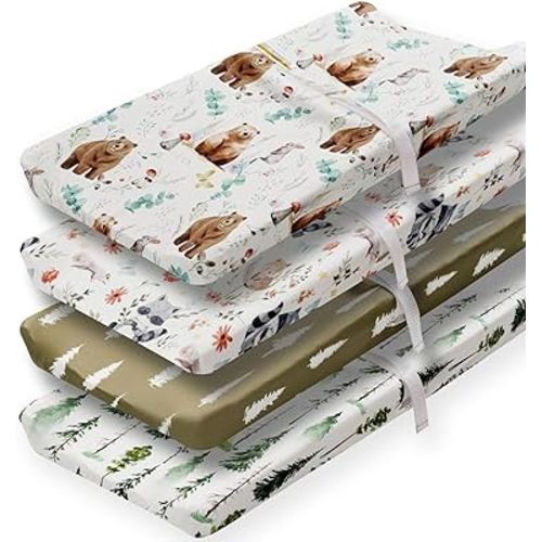4 Pack Changing Pad Covers Woodland Forest Animals Wood Neutral Unisex Fitted Baby Changing Pad Cover Set for Baby Boys or Girls (Cartoon Beer)