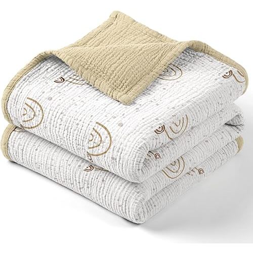 Lulu moon Muslin Baby Blanket - Cotton Quilt Blankets for Toddlers - Reversible Nursery Crib Blanket for Baby Boys and Girls 47"x47"(Khaki Rainbow)