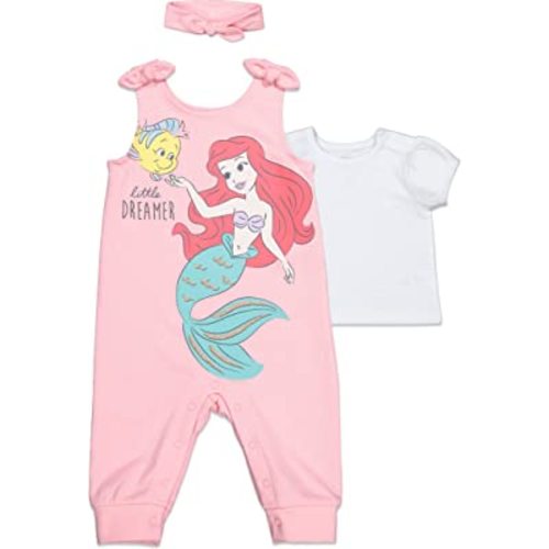 Disney Princess Belle Cinderella Ariel Baby Girls Romper T-Shirt and Headband 3 Piece Outfit Set Newborn to Infant