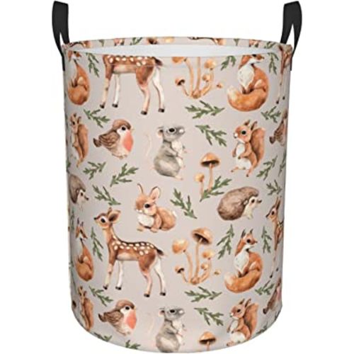 62L Round Laundry Hamper Forest Little Animals Storage Basket Waterproof Coating Deer Squirrel Fox Hedgehog Bird Organizer Bin For Nursery Clothes Toys