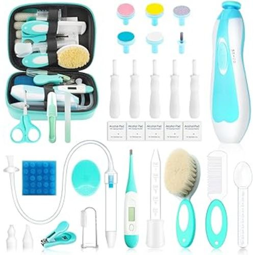 Baby Healthcare and Grooming Kit, 30 in 1 Portable Baby Essentials Kit Electric Nail Trimmer Set with Gas Relief Hair Brush Comb Nasal Aspirator for Newborn Boys Girls (Green)
