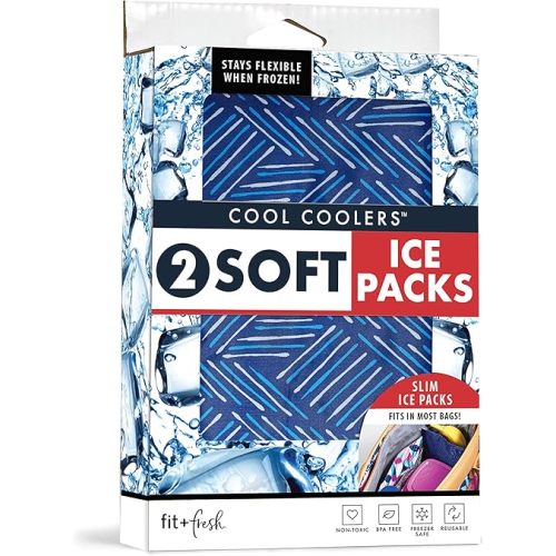 Cool Coolers by Fit & Fresh 2 Pack Soft Ice, Flexible Stretch Nylon Reusable Ice Packs for Lunch Boxes & Coolers, Navy Sketch Weave & Blue