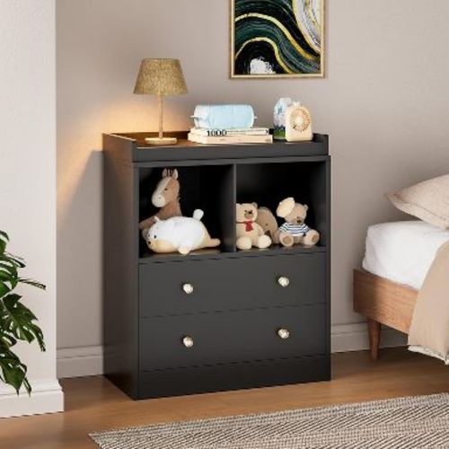 Baby Dresser with Changing Table Top, Nursery & Changing Station with Changing Pad, Sturdy Wooden Baby Changing Table Dresser for Bedroom