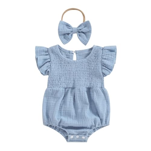 Newborn Baby Girl Clothes Ruffle Sleeve Solid Smocked Bubble Romper Jumpsuit Bow Headband Cute Summer Clothes