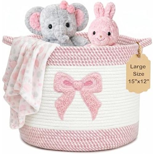 Baby Laundry Basket for Nursery, Large 15”x12”Baby Girl Storage Baskets