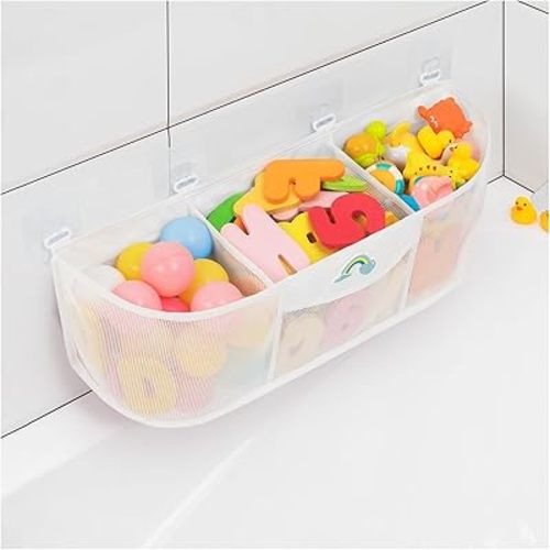 Shallow Pockets Easy Access Bath Toy Storage Organizer, 3 Compartment Large Capacity Categorized Bath Tub Toy Holder, Mesh Bath Tub Toy Storage Organizer for Tub to Help Toys Dry