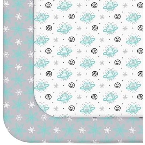Pack and Play Sheets, 2 Pack Mini Crib Sheets, Stretchy Playard Fitted Sheet, Compatible with Graco Pack n Play, Soft and Breathable Material, Planet & Flower