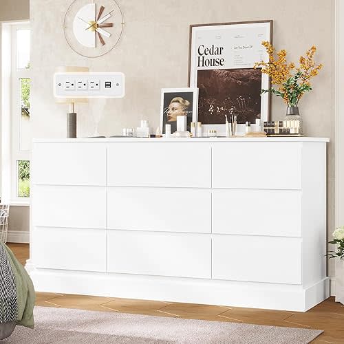 Hasuit Modern White Bedroom Dresser with 9 Drawers, 61.4" Wide Dresser Chest of Drawers with Large Capacity Storage, Long Dresser TV Stand with Power Outlets, Sturdy Storage Cabinet for Living Room