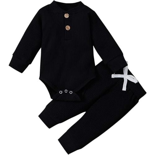 Newborn Baby Boy Girl Clothes Ribbed Knitted Cotton Long Sleeve Romper Long Pants Solid Color Fall Winter Outfits