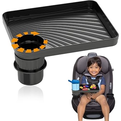 SEVEN SPARTA Car Seat Cup Holder Snack Tray for Kid Toddler Travel With Expandable Base, Rotatable and Removable Food Tray for Kids Car Seat Accessories