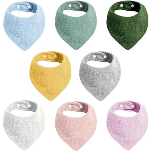 Muslin Baby Bandana Drool Bibs, 100% Cotton Absorbent Bandana Bibs Set for Boys Girls, Soft Newborn Bibs Solid Colors 8 Pack 0-36 Months