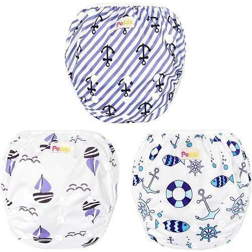 Reusable Baby Swim Diapers, Adjustable Diaper Swim for Toddlers 9 Months - 3 Years Old, 3 Pack for Swimming Lessons (Anchor, Small)