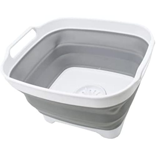SAMMART 7.5L (2 Gallons) Collapsible Dishpan with Draining Plug - Foldable Washing Basin - Portable Dish Washing Tub - Space Saving Kitchen Storage Tray (White/Grey, 1)