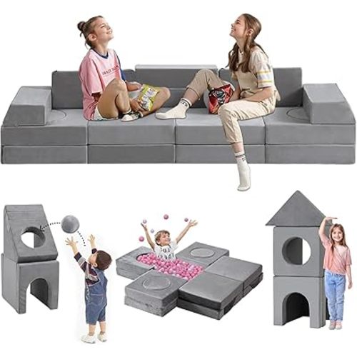 22Pcs Modular Kids Play Couch, 1000+DIY Creativing Playroom Furniture for Kids, Toddler Couch, Convertible Foam and Floor Cushion for Boys and Girls,Dark Grey2