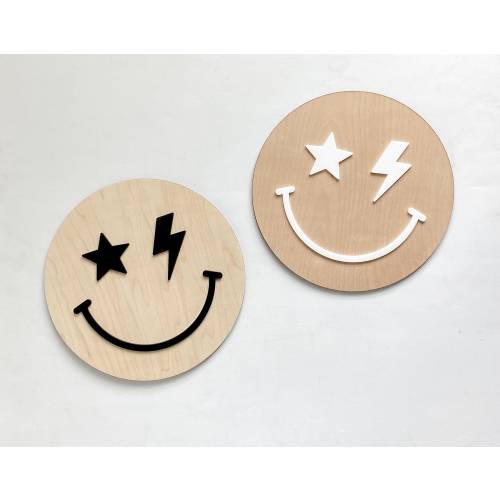 Happy Face Sign | Rad Smiley Sign | Wall Decor | Retro Decor | Childrens room decor | wooden sign | Boho Decor | Lighting Bolt | Cool Kids