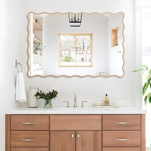Wavy Bathroom Mirror 24" x 36" Rectangle Scalloped Mirror for Wall Decor, Bathroom Vanity, Bedroom, Living Room, Entryway(Natural)