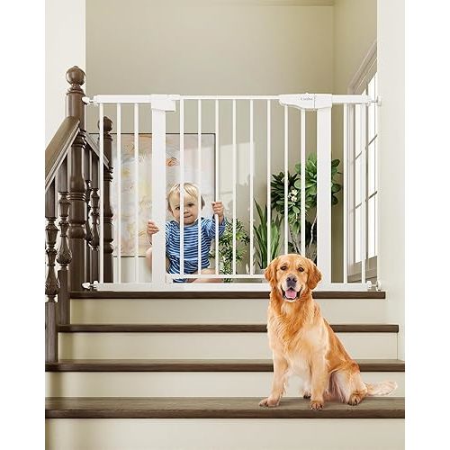 Cumbor 29.7-46" Baby Gate for Stairs, Toddler Safety Essentials for The House, Auto Close Dog Gate for Doorways, Mom's Choice Awards Winner-Easy Install Pressure Mounted Pet Gates for Dogs, White