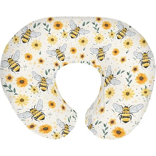 Boho Bees Sunflowers Baby Nursing Pillow Covers for Boy Girl Watercolor Bee Yellow Floral Nursing Pillowcase for Breastfeeding Pillows Spring Summer Soft Stretchy Slipcovers for Newborn Infant