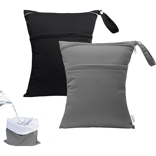 ALVABABY 2pcs Superior Waterproof Wet Dry Bags,Reusable Two Zippered Pockets, baby cloth diaper wet bags,Travel,Beach,Pool,Daycare,Soiled Items,Yoga Gym Bag,wet bag for swimsuit Black&Grey LW-B2629
