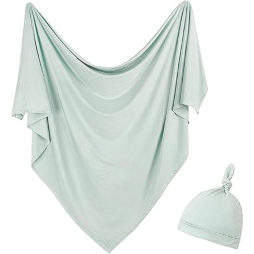 Newborn Swaddle Blanket with Hat Set Baby Swaddle Set Hospital Receiving Blankets for Girls Boys(Sage,35"*35")