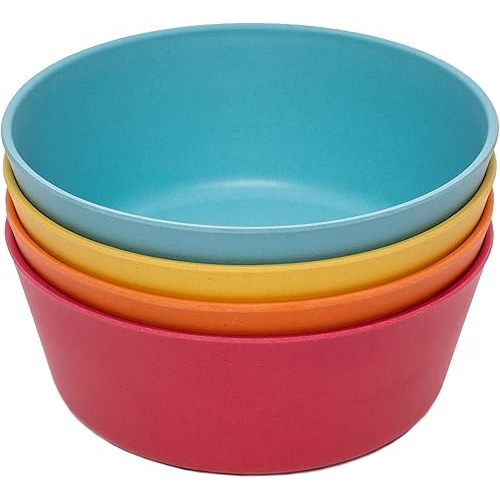 WeeSprout Bamboo Kids Bowls, Set of Four 10 oz Kid-Sized Dinnerware, Cereal, Leftovers & Snack Bowl, Dishwasher Safe (Blue, Yellow, Orange, & Red, 10 Oz)