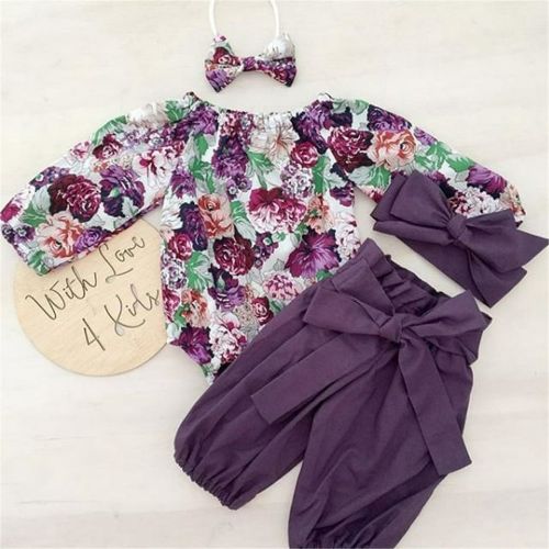 Izhansean Newborn Baby Girls Floral Tops Romper Pants Headband Outfits Clothes 3PCS Sets Purple 18-24 Months