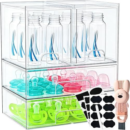 Stackable Baby Bottle Organizer: Acrylic Bottle Organizer Baby Storage Drawers Clear Bottle Station Organization for Countertop Cabinet Vanity with 4 in 1 Cup Lid Cleaning Brush & Label - Wide