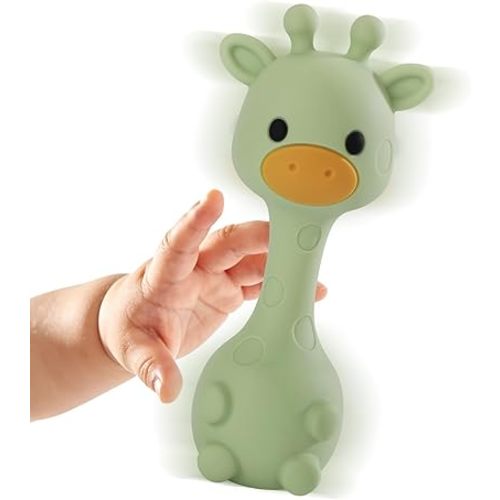 Giraffe Silicone Baby Teether Rattle Toy for 0-6 6-12 Months, BPA-Free Infant Teething Toy with Rattle Sound, Easy-Grip Design for Teething Relief (Olive)