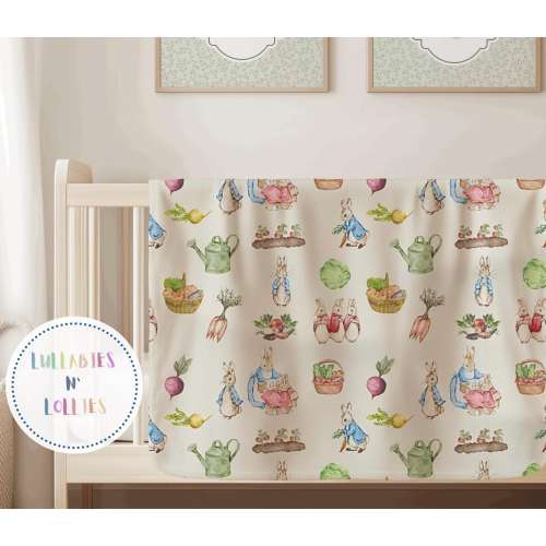 Fleece Baby Blanket, Peter Rabbit Garden Theme Beatrix Potter Inspired Pattern Nursery Bedding, Play Mat, Baby Shower Gift, Newborn Swaddle