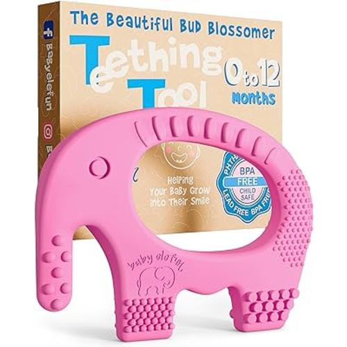 Cute Baby Gifts for Girls and Baby Shower Gifts - Baby Elefun Teething Toys for Babies Age 0 to 6 Months - 5X Pain Relief Smart Teether, Zero Developmental Delay Pink Silicone Teething Toy for Infants