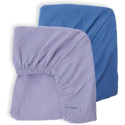 Muslin Neutral Crib Sheets for Boys & Girls 2 Pack Blue Set 28"x 52" Rutiwa Soft Breathable Baby Sheets for Crib Organic Cotton Fitted Sheets for Toddler Bed & Standard Crib Mattress Boho Style