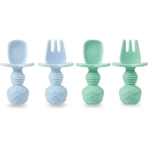 Amazon.com: PandaEar 4 Pack Silicone Baby Spoons and Fork Feeding Set- Anti-Choke First Self Feeding Utensils for Baby Led Weaning Ages 3 Months (Cyan+Blue) : Baby
