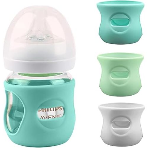 Silicone Sleeves for Avent Glass Natural Baby Bottle,3 Pack Bottles Shatter Proof Bottle Covers,Anti Flow Holder Compatible Baby Bottle 4 oz, BPA Free (Grey+Blue+Green)