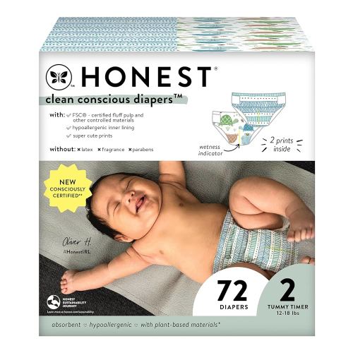 The Honest Company Clean Conscious Diapers for Sensitive Skin | Hypoallergenic, Fragrance Free | Gender Neutral Prints | Club Box, Size 2 (12-18 lbs), 72 Count (Prints May Temporarily Vary)