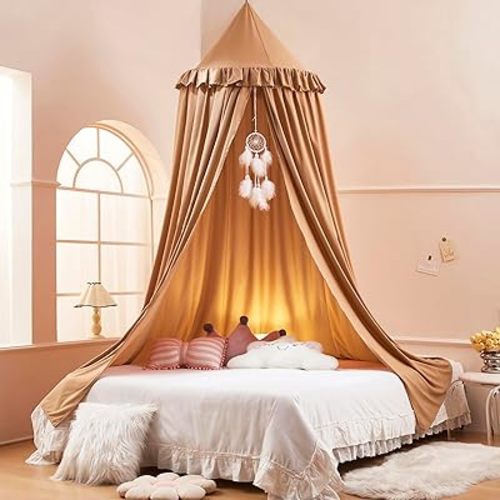 Akiky Kids Bed Canopy for Crib & Twin Size with Ruffles Dreamcatcher, Boys Princess Girls Nursery Room Decor Toddler Baby Dome Round Hanging Tent Curtains Skirt Over Bed Reading Nook Play Nougat