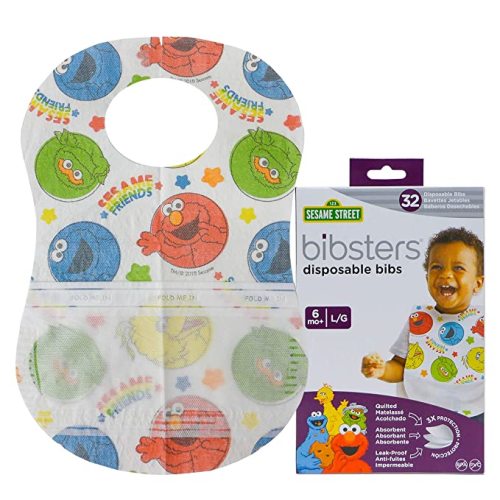 Sesame Street Large Disposable Bibs with Patented Crumb-Catcher, Leakproof Liner, and Reusable Fastener, Ages 6+ Months, 32 count - Large 32 Count (Pack of 1) - Multicolor