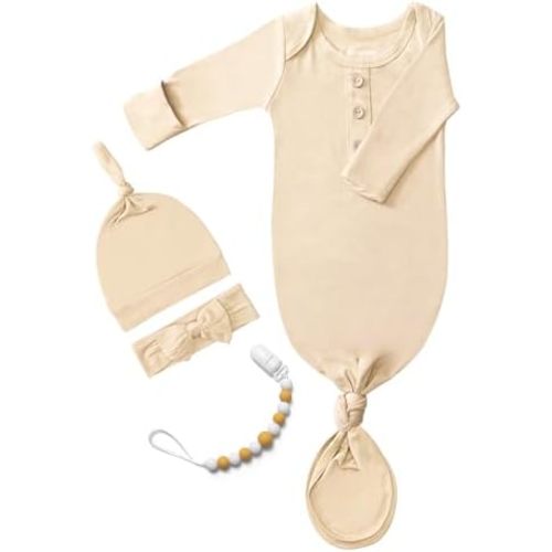 Newborn Baby Knotted Gown, Super Soft Silky Infant Sleeper, Baby Girl Sleep Gown with Mittens, Bow, Clip and Hat Set