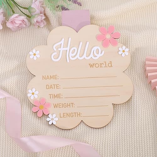 Hello World Newborn Sign - Wooden Baby Name Announcement Board, Daisy Design, Gender Neutral Nursery & Hospital Photo Props Keepsake Gift